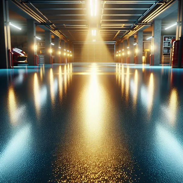 A modern, brightly lit garage interior with a shiny epoxy coating on the floor, warm ceiling lights, and parked cars visible in the background. The lighting creates a dramatic, golden reflection on the ground.