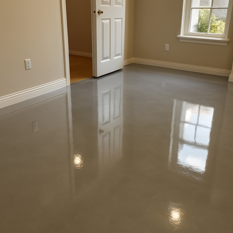 A room with smooth, shiny gray epoxy resin flooring, beige walls, white trim, and an open door. Sunlight from a window reflects on the glossy floor surface.