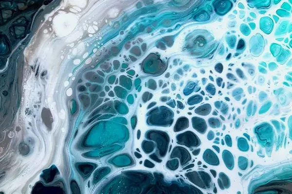 Abstract painting featuring clusters of teal, blue, and white rounded shapes and cells, resembling underwater bubbles or cellular structures, with swirling patterns and flowing textures throughout.