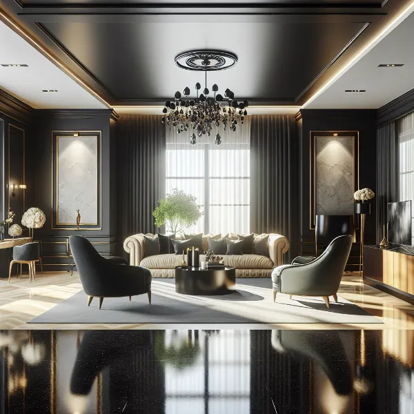 Elegant living room with dark walls, a beige sofa, two modern black chairs, a round coffee table, and a black chandelier. Large windows and sleek black epoxy floors enhance the luxurious ambiance of this stylish space.