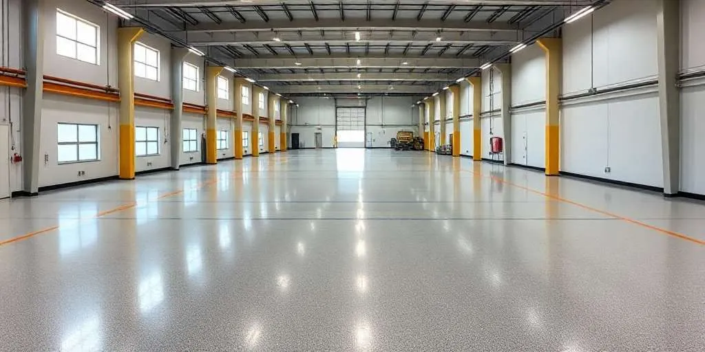 A spacious, empty industrial warehouse with high ceilings, bright overhead lighting, white walls, and large windows along one side. The polished floor reflects the lights, and some equipment is visible at the far end.