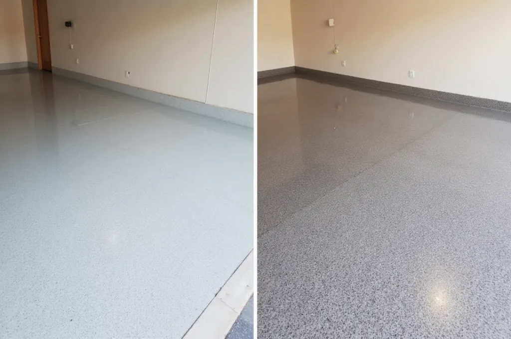 Side-by-side comparison of two garage floors, with the left floor plain and smooth, and the right floor featuring a glossy, speckled epoxy finish that looks more polished and reflective.