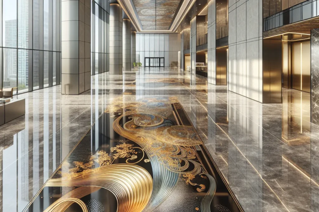 A modern, spacious lobby with tall glass windows, marble walls, and a glossy floor featuring intricate gold and black swirling patterns. Warm lighting enhances the luxurious and elegant atmosphere.
