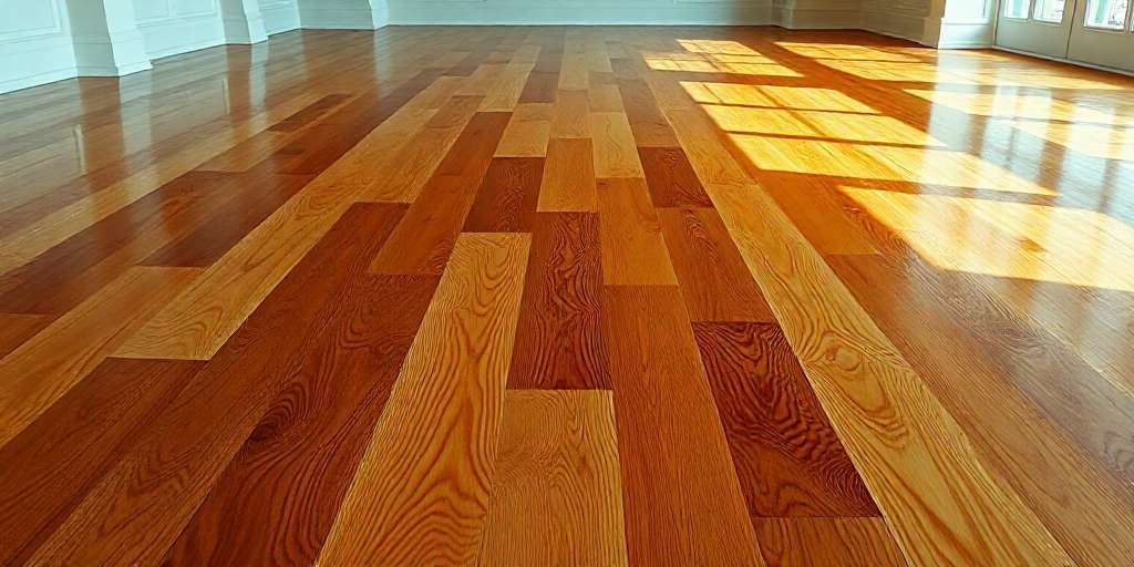 Sunlight streams through windows onto a polished hardwood floor with a rich, natural grain pattern in an empty, bright room with white walls and baseboards.