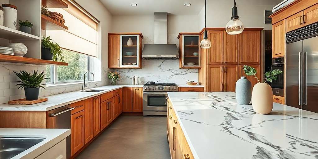 Modern kitchen with wooden cabinets, epoxy resin countertops, stainless steel appliances, and pendant lights. A large window lets in natural light; plants and decorative vases add a fresh, inviting touch.