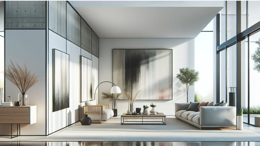 A modern living room with large windows, minimalistic furniture, indoor plants, abstract wall art, and neutral tones, creating a bright and airy atmosphere.