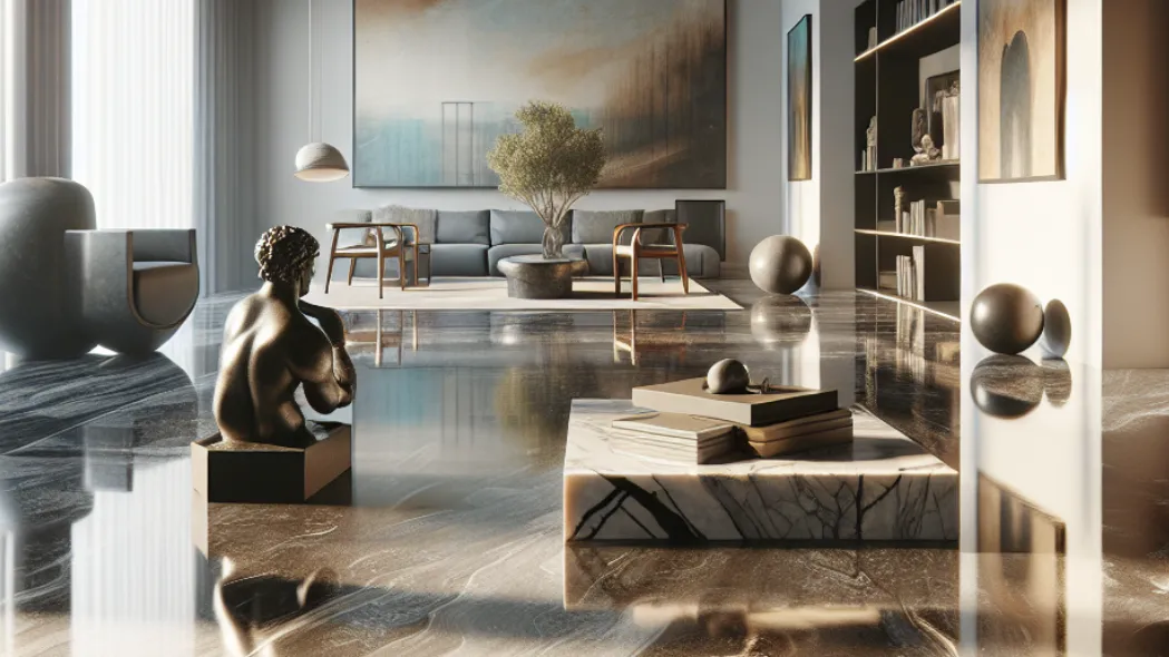 A modern living room with glossy marble floors, a large abstract painting, contemporary furniture, a potted tree, a marble coffee table with books, a black sculpture, and shelves with decorative objects. Sunlight streams in.