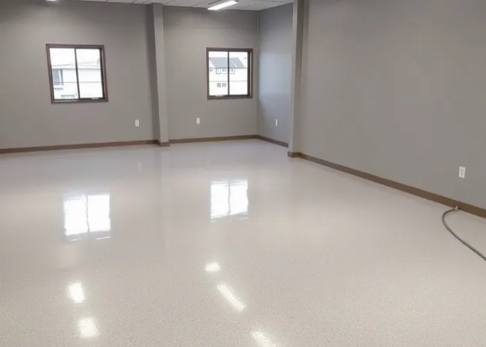 An empty room with light gray walls, brown baseboards, and a shiny speckled floor. Two windows let in daylight, and electrical outlets are visible on the walls. A loose cable is on the right side of the floor.