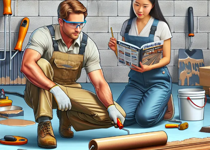 A garage floor installer in overalls kneels and rolls epoxy paint onto the floor while a woman beside him reads instructions. Tools, paint cans, and supplies are scattered around them against a cinder block wall.