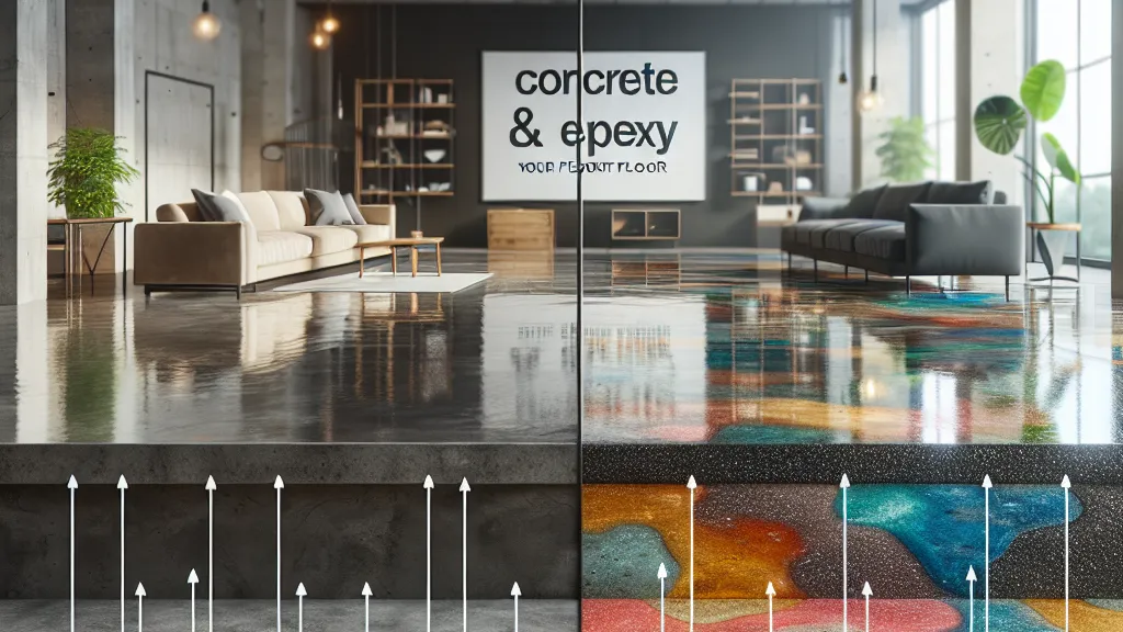 Modern living room with large windows, stylish furniture, and a colorful epoxy-coated concrete floor. Diagram arrows and a cutaway show layers beneath the floor. A sign reads "concrete & epoxy your perfect floor.