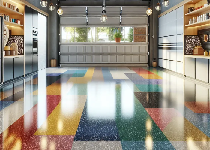 A modern garage with large glass doors, built-in shelves, and a shiny, colorful garage floor epoxy in geometric patterns. Sunlight streams in, reflecting off the clean, organized space installed by a skilled garage floor installer.