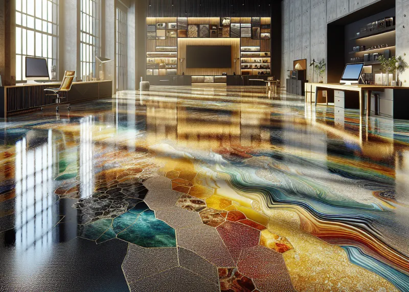 A modern office features desks, shelves, and large windows. The striking floor has a glossy, colorful, abstract pattern resembling gemstones and flowing minerals, adding vibrance to the spacious, well-lit room.