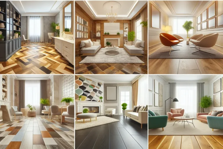 A collage of six stylish living rooms, each featuring unique geometric wood flooring, modern furniture, large windows with natural light, and minimalist decor in neutral and pastel tones.