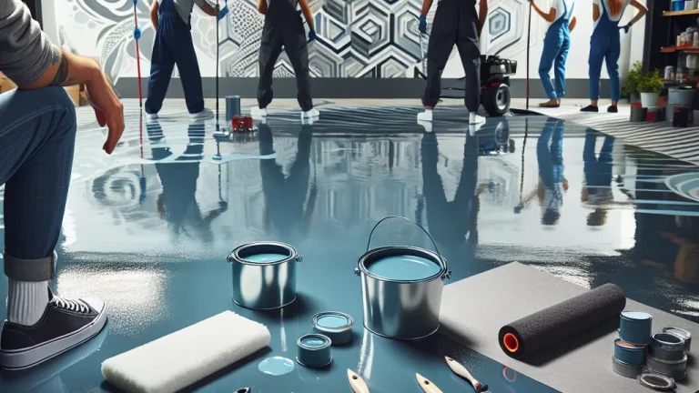 Cans of blue paint, rollers, and painting supplies lie on a shiny, freshly painted floor. In the background, several people in work clothes paint geometric patterns on a large wall.