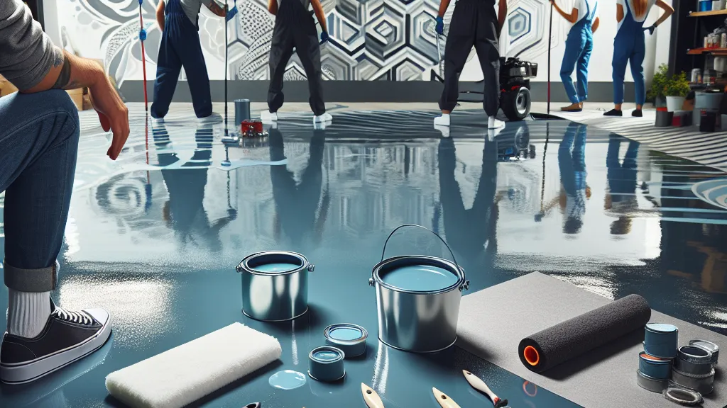 Cans of blue paint, rollers, and painting supplies lie on a shiny, freshly painted floor. In the background, several people in work clothes paint geometric patterns on a large wall.