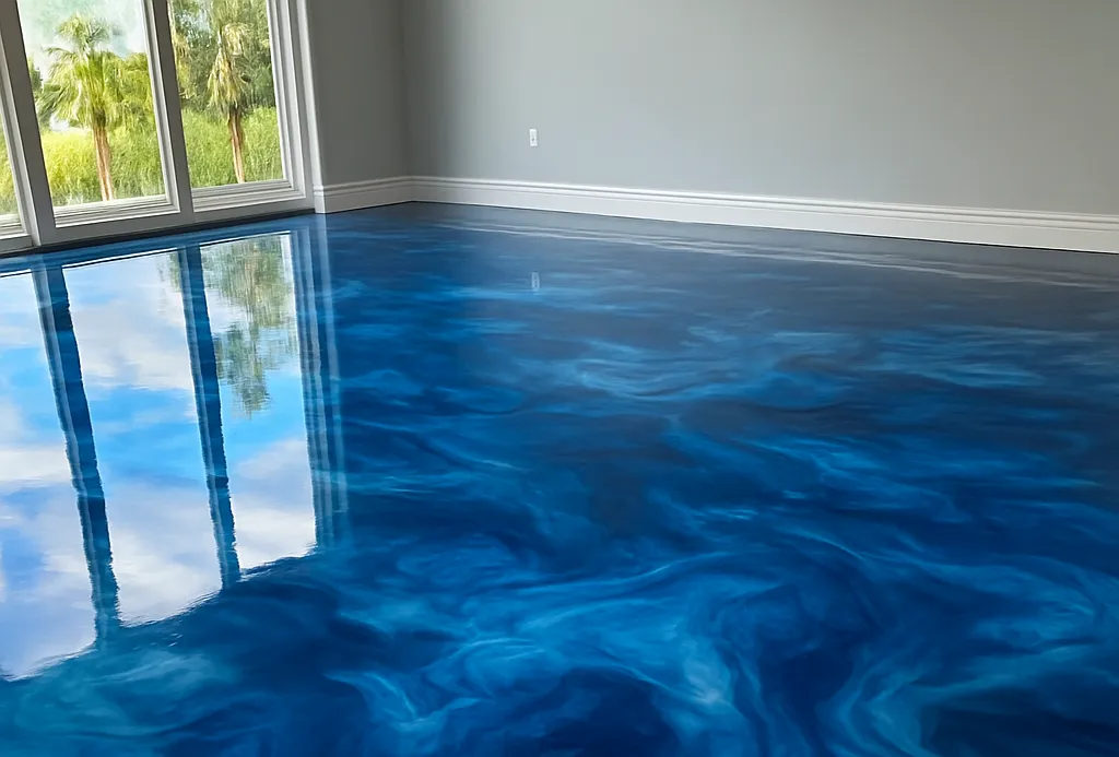 A room with large windows and a glossy, blue epoxy resin floor that resembles swirling ocean water, reflecting the sky and window light—an inspiring example of Epoxy Floor Miami style.