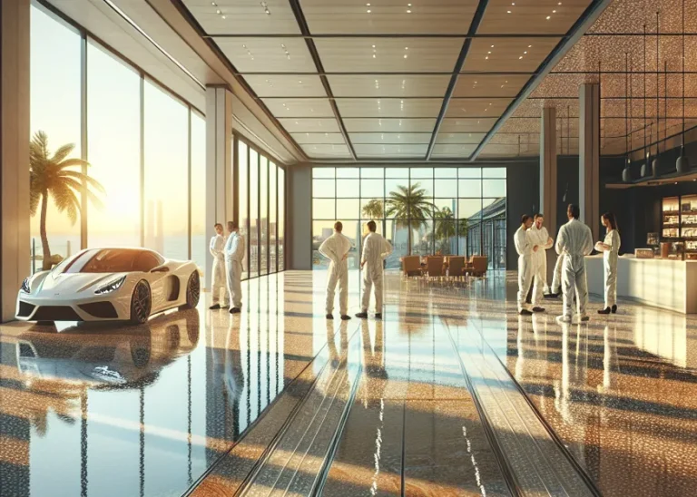 A luxurious, modern showroom with floor-to-ceiling windows, palm trees outside, and a white sports car inside. Several people in white attire stand and converse on the shiny, reflective flooring—an impressive showcase of premium flooring services.