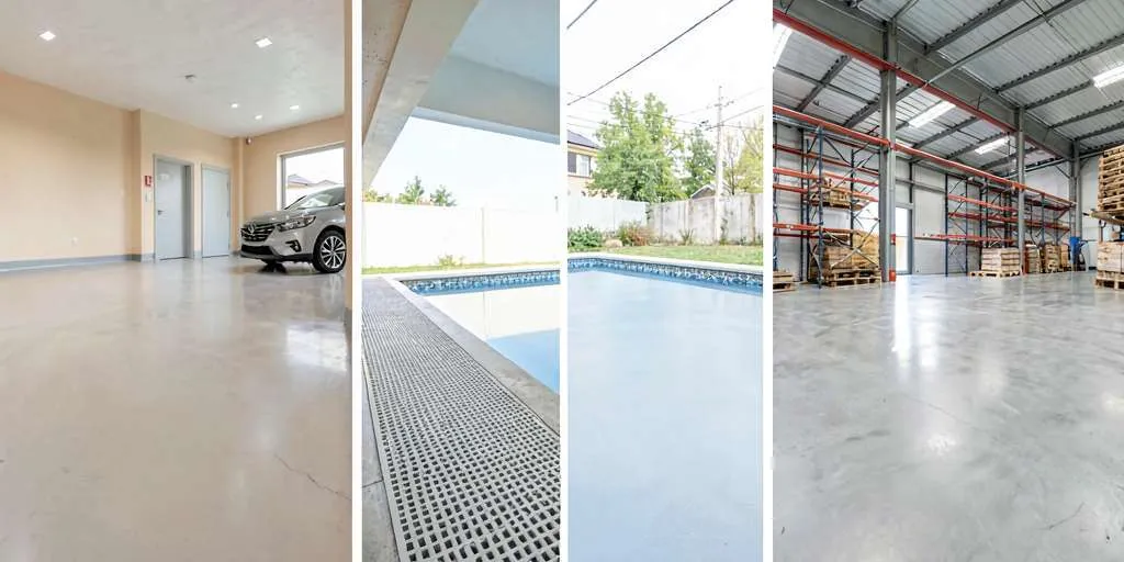 Four panels showcase spaces with polished concrete floors: a residential garage with a car, a covered parking area, poolside, and an industrial warehouse. Explore local options for floor coatings near me to achieve this sleek look.